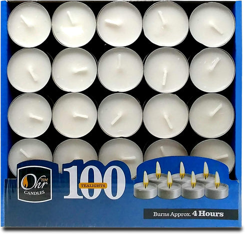 OHR CANDLES Tealight Candles – 100 Pack Bulk Unscented Tea Lights, White, 4 Hour Burn Time
