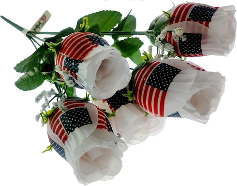 Patriotic Flowers Bouquet - 7 Stems Red White Blue, US Flag Decor for Memorial Day, 4th of July, Veterans Day