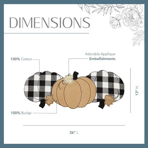 Elrene Home Fashions Burlap and Check Pumpkin Centerpiece Table Runner, 13" x 36", Black and White