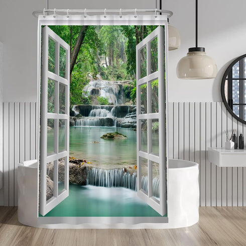 Nature Landscape Shower Curtain, Summer Forest River Waterfall Decorative for Bathroom, Waterproof Fabric 48x72 Inches