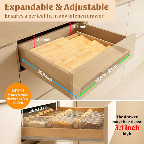4 3" 12" 24" EDELHAUS Bamboo Spice Drawer Organizer - Expandable Tier Spice Rack (Need Deep Drawer) to Wide, Seasoning