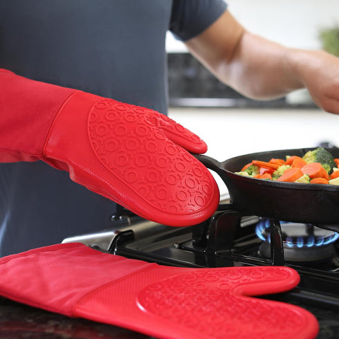 Ultra Heat Resistant BPA-Free Silicone Oven Mitts up to 500°F - Canyon Red Long Pot Holders with Cotton Liner 13.7