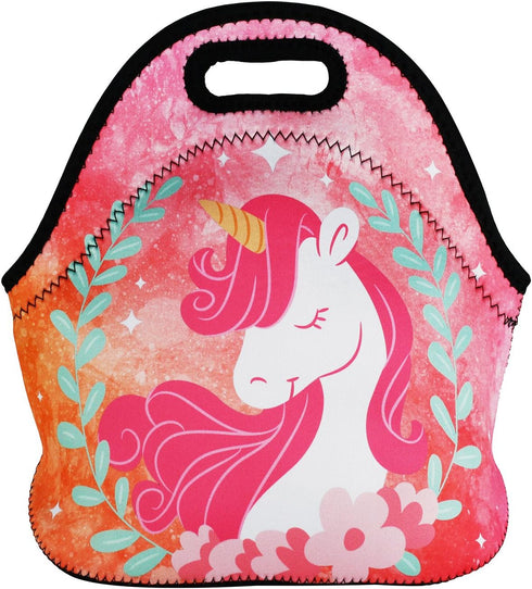 Violet Mist Cute Unicorn Neoprene Lunch Bag, Pink Reusable Insulated Lunch Box with Zipper for Work Gifts