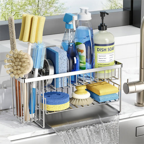 Cisily Silver 2-Tier Kitchen Sink Caddy Organzier Rack with Flexible Dish Brush