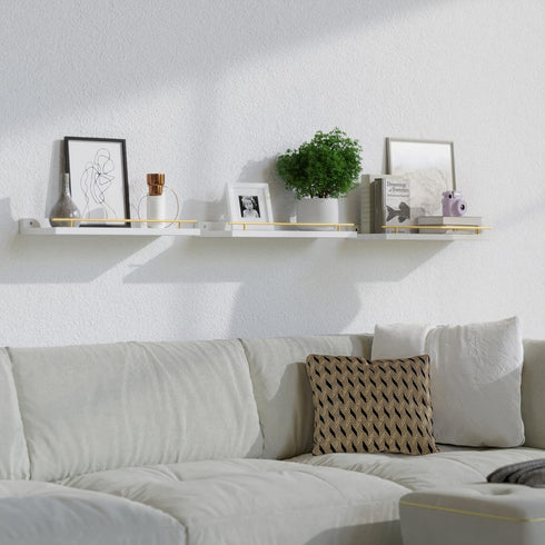 Set 3, WOPITUES Floating Shelves with Gold Metal Guardrail, Shelves for Wall Decor of Wall Shelves for Bedroom