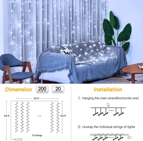 Ollny Curtain Lights 6.6x6.6ft, 200 LED White String Lights with Remote, USB Power Fairy Light for Wedding Decor