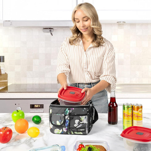 opux Leakproof Floral Grey Insulated Lunch Bag for Men Women, Portable Soft Lunch Cooler with Strap