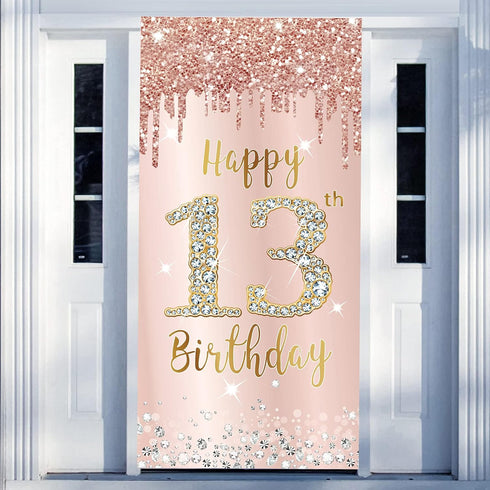 Happy 13th Birthday Door Banner Backdrop Decorations for Girls, Pink Rose Gold 13 Birthday Party Supplies