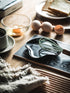 Spoon Holder, Porcelain Spoon Rest with Deep Drip Tray for Kitchen Counter, Heat-Resistant, Black Ruffled Edge