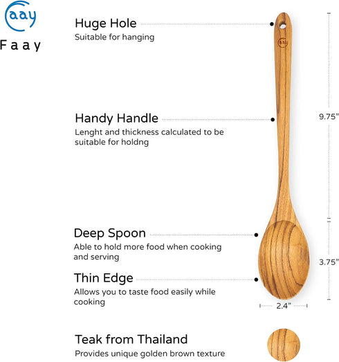 FAAY 13.5" Teak Wooden Cooking Spoon, Mixing Spoon Handcrafted from Teak | Healthy High Moist Resistance