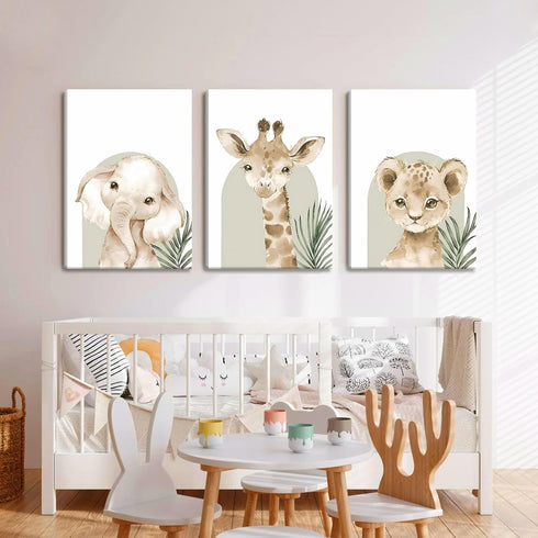 Set 3, 12x16 inch Nursery Wall Decor of Cute Animal Lion Elephant Baby Pictures Poster Prints, Giraffe Jungle Canvas