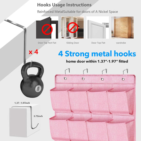 Pink Over the Door Shoe Organizer for Girls, Women, Kids Room | Hanging Rack with 24 Large Pockets & 4 Sturdy Hooks