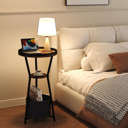 3-Tier Yusong Round Side Table, Small Drink Table for Small Spaces, Industrial End Table, Accent Nightstand Bedside