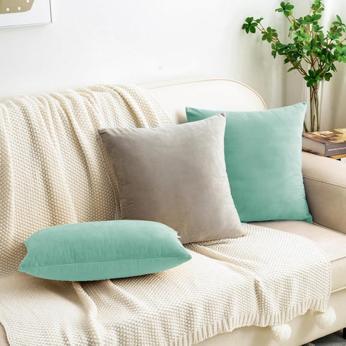 HWY 50 Aqua Green Velvet Throw Pillow Covers 20x20 Inch, Pack of 2 Soft Cozy Solid Decorative Cushion Cases for Couch
