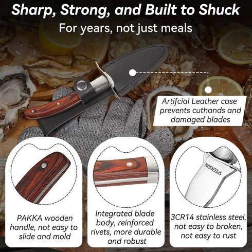Oyster Knife Shucking Kit, Comfort Wood-handle Oyster Shucking Knife, Sturdy Sharpness with Cut-resistant Glove (M)