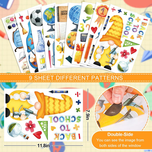 Whaline 9 Sheet Back to School Window Clings Gnome Pencil Book Globe Schoolbag Window Decals Watercolor Double-Sided Prints PVC Stickers for First Day of School Classroom Glass Mirror Decoration by Whaline