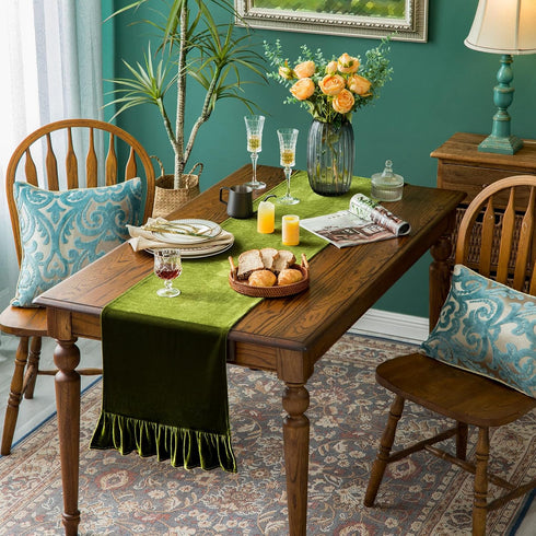 120 Inches Green,14x120 Inch Velvet Table Runner Soft Decorative Luxurious Solid Long Tablecloth with Retro Ruffle