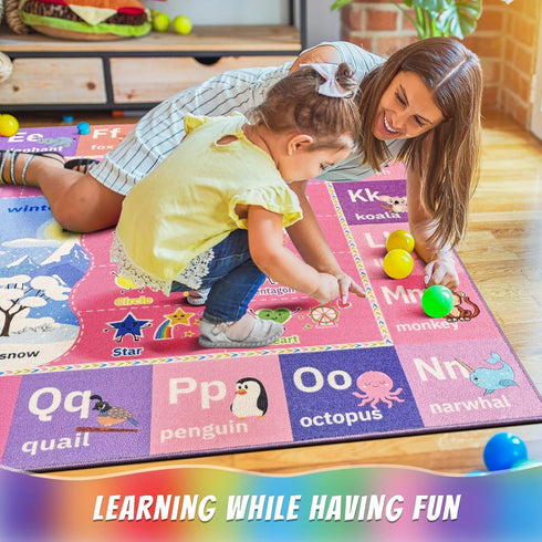 Macgace 4x6 ABC Kids Rug for Playroom, Pink Purple Washable Classroom Area Rugs, Toddler Educational Play Mat