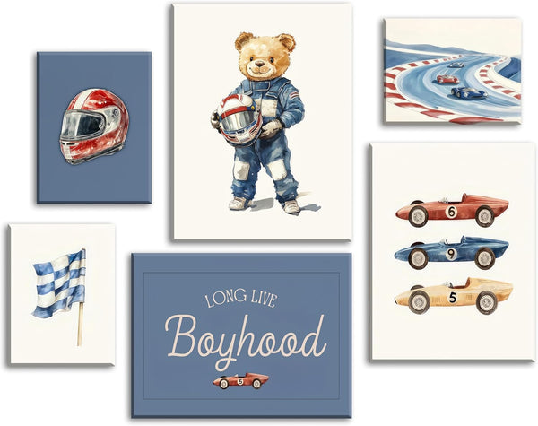Set of 6 Nursery Race Car Canvas Wall Art Vintage Boys Room