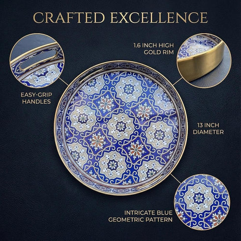 13 INCH Zosenley Round Decorative Tray, Plastic with Handles, Modern Vanity and Serving for Ottoman, Coffee Table