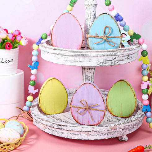 5Pcs Whaline Retro Easter Egg Wooden Signs Colorful Egg Shape Rustic Farmhouse Tiered Tray Decor with Hemp Rope Spring