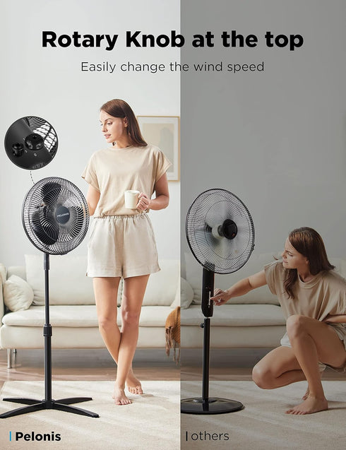 PELONIS Portable 16 Inch Pedestal Fan, 3-Speed, 90° Oscillation, Adjustable Height, Standing Floor Fan for Home, Black