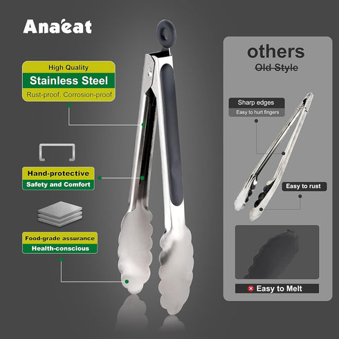 Anaeat Stainless Steel Locking Tong Set of 3 - Premium Kitchen Food Tongs with Non-Slip Silicone Tips for Cooking,