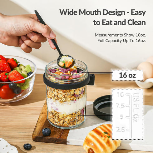 DRKIO 4 Pack Overnight Oats Containers, 16 Oz Glass Mason Jars with Lids and Spoons for Meal Prep