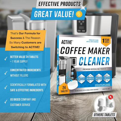 Coffee Machine Cleaner Descaler Tablets - 24 Count, Compatible with Nespresso, Keurig, Ninja, and More
