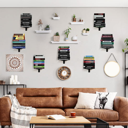 Invisible Floating Bookshelf for Wall Mounted - 4 Tier Vertical Spine Book Tower, Heavy-Duty Metal Organizers, 2 Pack