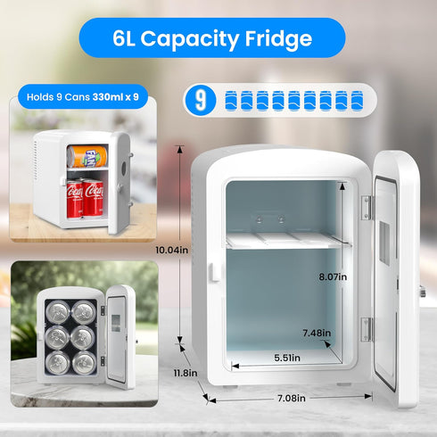 Simple Deluxe 6L Portable Mini Fridge with Observation Window, Warmer and Cooler, 9 Can Capacity, White