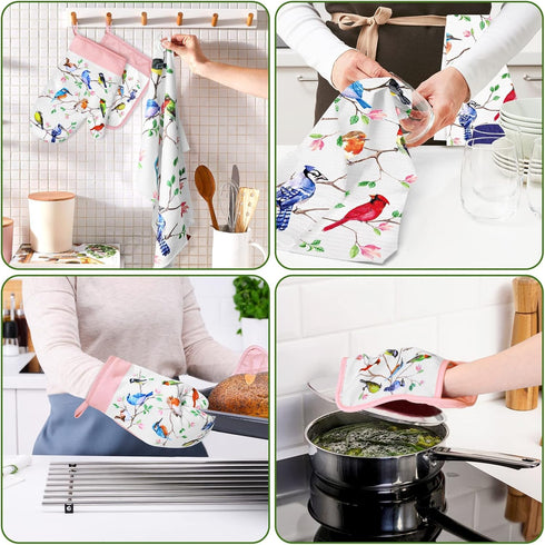 Vansolinne Birds Kitchen Dish Towels, Pot Holder, Oven Mitt with Loop Kit, Spring Gifts for Bird Lovers, BBQ Grilling,
