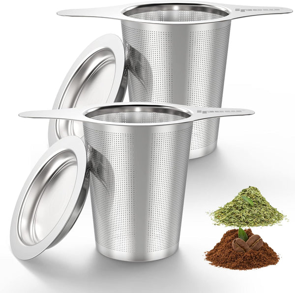 IPOW 2 Pack Extra Fine Mesh Coffee Filter, Micron Mesh Tea Infuser with Coaster Lid and Double-sided Handle