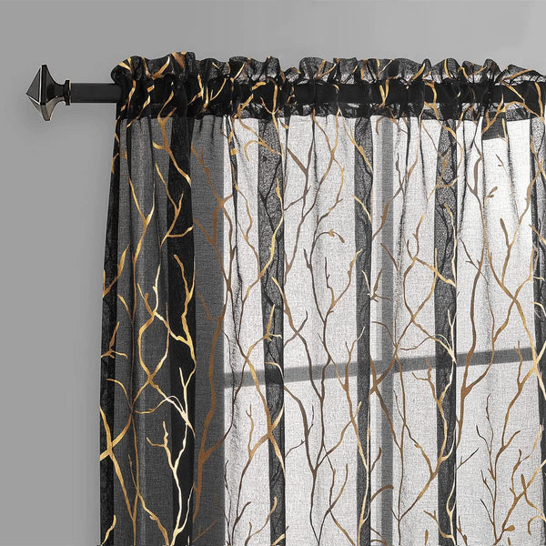 FINECITY Black Gold Sheer Curtains, Metallic Gold Foil Tree Branch, 63 Inch Length, Set of 2
