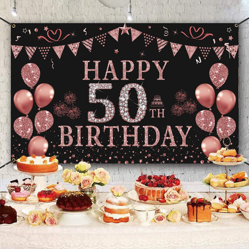 Trgowaul 50th Birthday Decorations for Women - Rose Gold 50th Birthday Banner Backdrop, Happy 50th Birthday Party