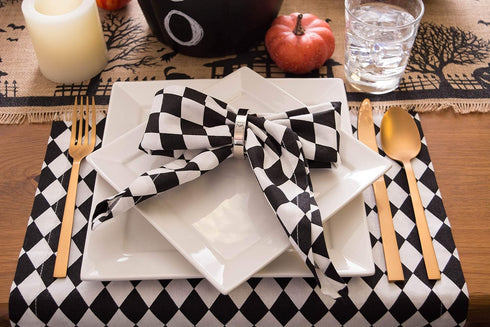 DII Halloween Tabletop Napkin Set, Harlequin Collection, Black and Cream, 6 Piece
