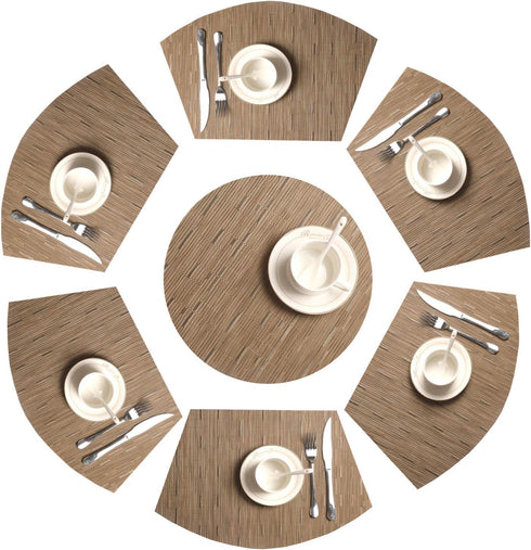 SHACOS Round Table Placemats Set of 7, Woven Vinyl Wedge Placemats, Heat Resistant, Tan
