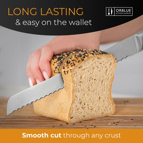 Orblue Serrated Bread Knife with 10-inch Upgraded Stainless Steel Razor Sharp Wavy Edge Width - Bread Cutter Ideal for Slicing Homemade Bagels and Cake by Orblue
