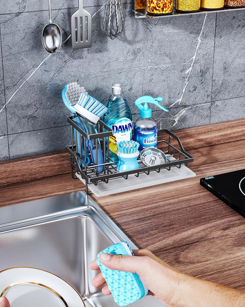 Consumest Sink Caddy Kitchen Sponge Holder + Dish Brush Holder with Drip Tray for Countertop, Stainless Steel, Black