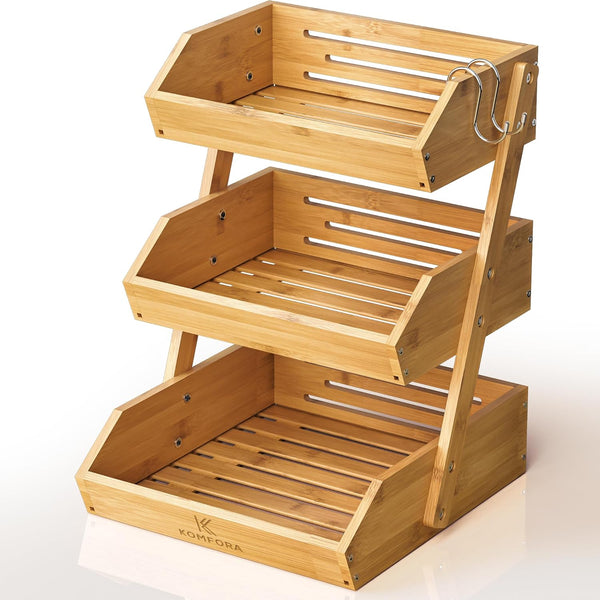 Bamboo Fruit Basket 3-Tier - Premium Produce Basket for Kitchen with 2 Hangers, Durable & Easy to Assemble Fruit Stand
