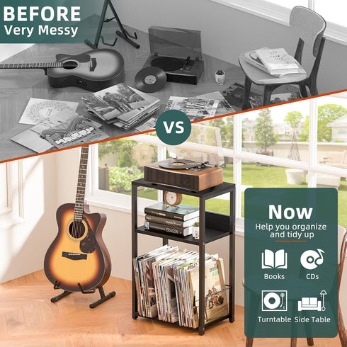 3-Tier 120 Albums, LELELINKY Record Player Stand, End Side Table with Vinyl Record Storage, Vinyl Record Holder Up