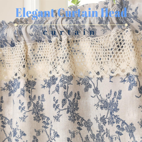 Farmhouse Cotton Linen Tier Curtain, 36 Inch Long Floral Lace Window Treatment, Vintage Orchid on Beige