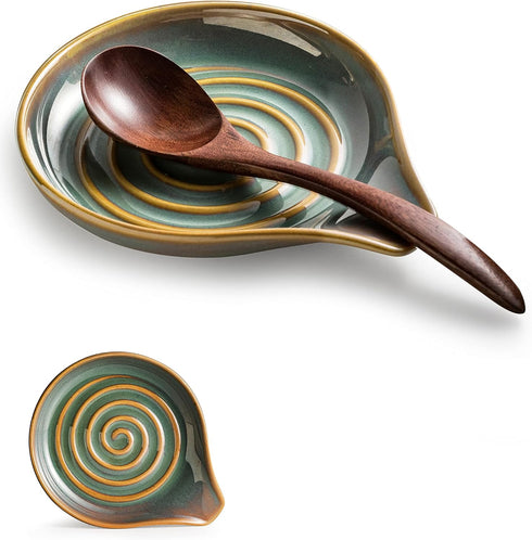 Spoon Rest with Handle, Blue and Green Cooking Spoon Holder for Countertop, Utensil Rest for Spoons, Ladles, Tongs,