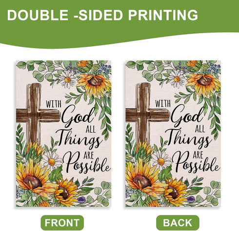 With God All Things Are Possible Christian Decorative Garden Flag | Religious Cross Sunflower Outdoor Décor