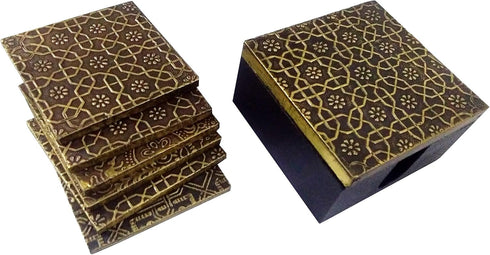 Purpledip Wooden Coasters Set of 5, Brass Sheet Covered Mango-Wood Barware