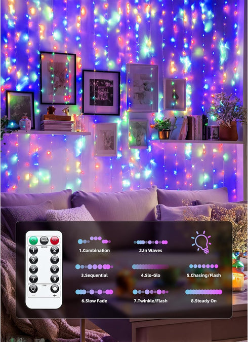 300 8 1 Pack Brightown LED Fairy Curtain Lights, Curtain String Lights, USB Plug in Lighting Modes Christmas