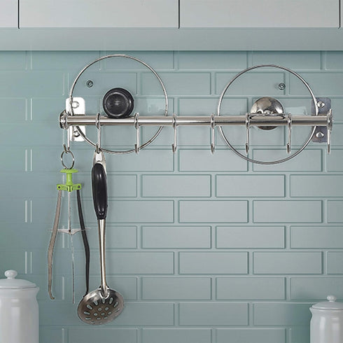 Dseap Kitchen Utensil Holder Hanger, Pot and Pan Rack wall mount, Kitchen Rail with 8 Hooks for Hanging Cooking Utensils, Mugs, Spoons, Wall Mounted, Stainless Steel, Chromed by Dseap