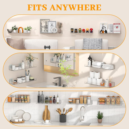 4 Pack LAZYROSY Floating Shelves Clear Acrylic/PET Wall-Mounted No Drill Storage with Adhesive, Invisible Bathroom