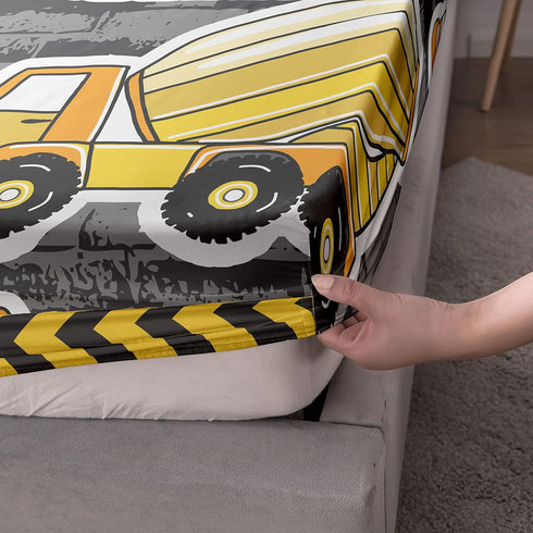 Datura home 4Pcs Set 1 1 2 Set Construction Truck Twin Sheet - Flat Sheet, Fitted Sheet, Pillowcases - Truck Yellow