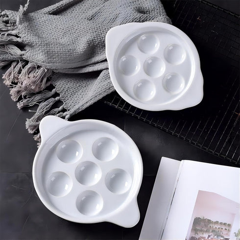 Bamboo's Grocery LoKii 2 Pack Ceramic Escargot Dish, 6 Holes Snail Dish with Handles, White, 6 Inches